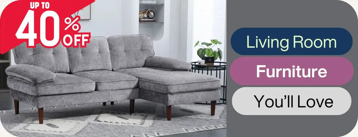 Overstock and Surplus Furniture sectional sofa in a living room setting with promotional text overlay.