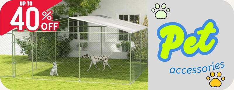 Overstock and Surplus Pet enclosure with a canopy and 'Pet Accessories' logo on the side. Dog Kennel. 
