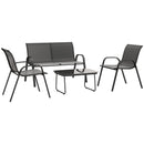 Outdoor furniture set with two chairs, a loveseat, and a table on a white background
