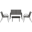 4pc Outdoor furniture set with two chairs, a bench, and a coffee table on a white background