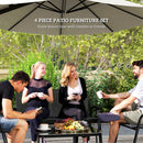 Four people enjoying a conversation at a patio table with a large umbrella, set against a green outdoor backdrop.