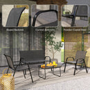 Outdoor furniture set with details on backrest, armrests, and steel material, set against a garden backdrop.