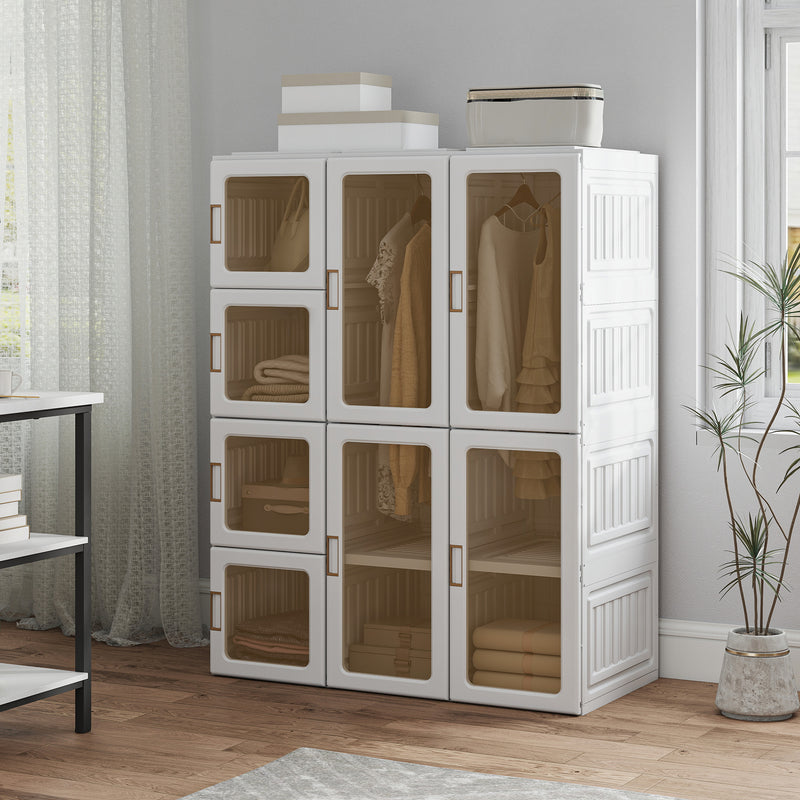 Portable Wardrobe with Clear Door Windows, 8 Compartments, 2 Hanging Rods, and Magnetic Doors - White