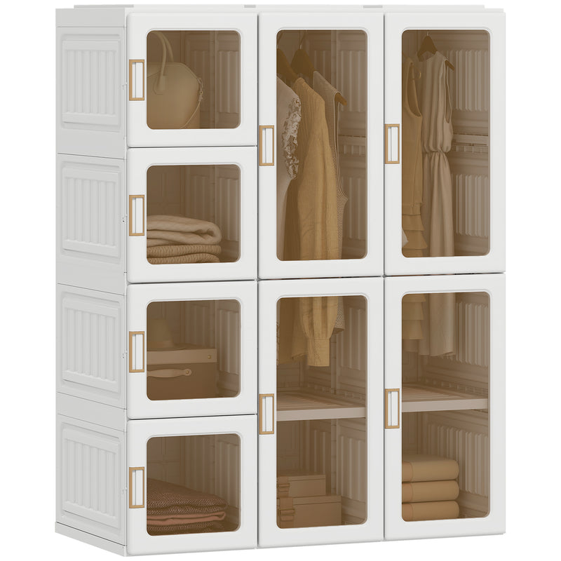 Portable Wardrobe with Clear Door Windows, 8 Compartments, 2 Hanging Rods, and Magnetic Doors - White