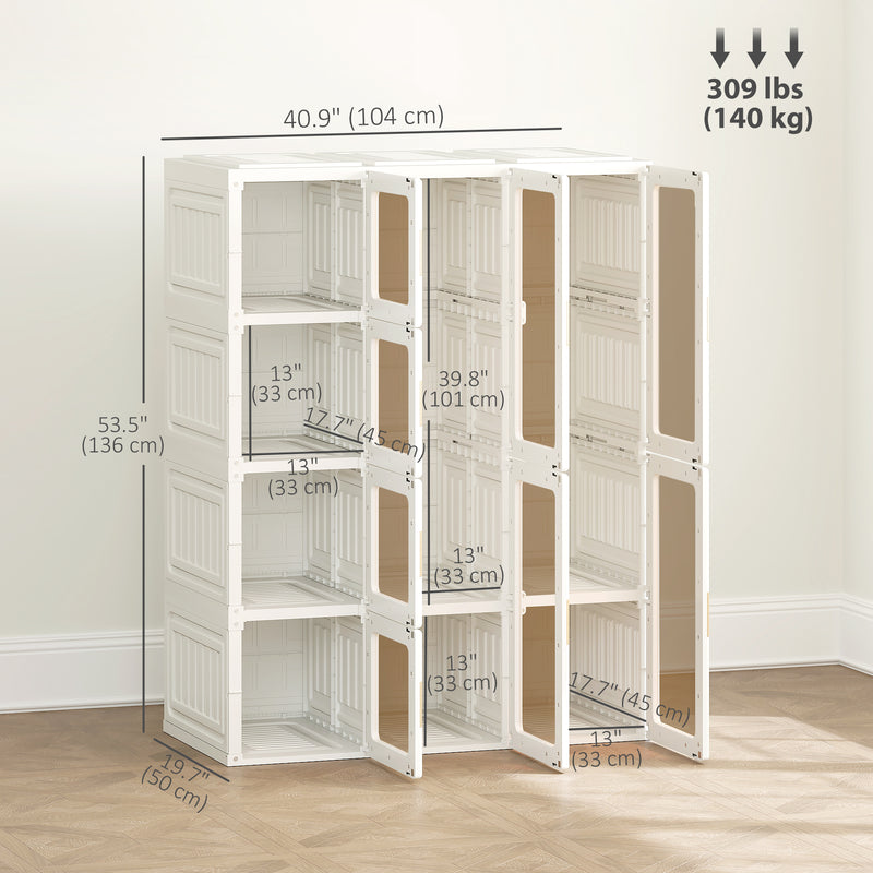 Portable Wardrobe with Clear Door Windows, 8 Compartments, 2 Hanging Rods, and Magnetic Doors - White