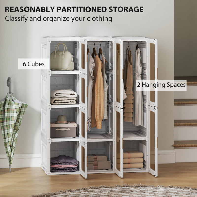 Portable Wardrobe with Clear Door Windows, 8 Compartments, 2 Hanging Rods, and Magnetic Doors - White