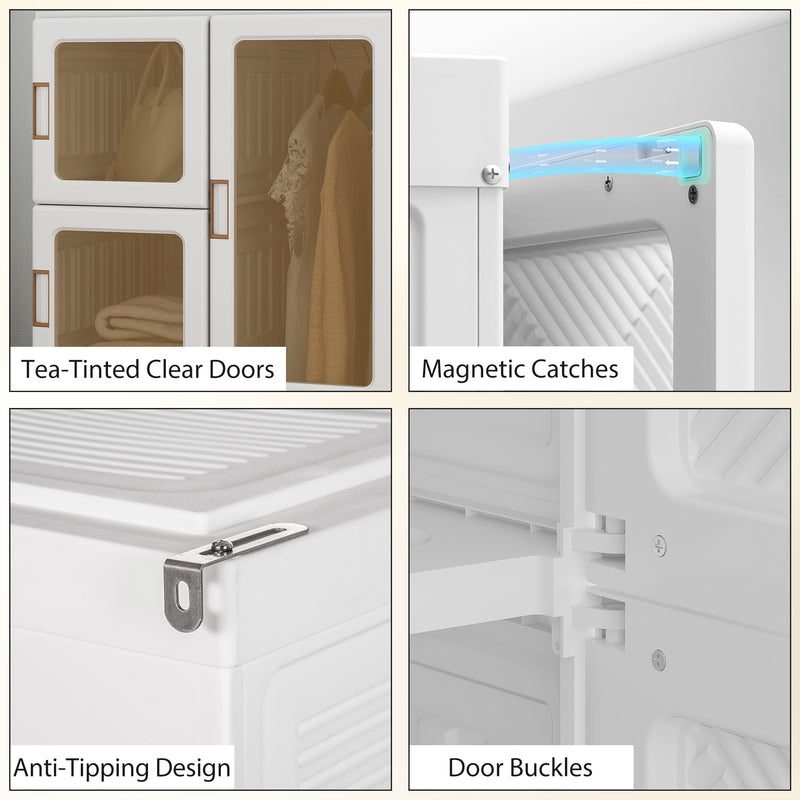 Portable Wardrobe with Clear Door Windows, 8 Compartments, 2 Hanging Rods, and Magnetic Doors - White