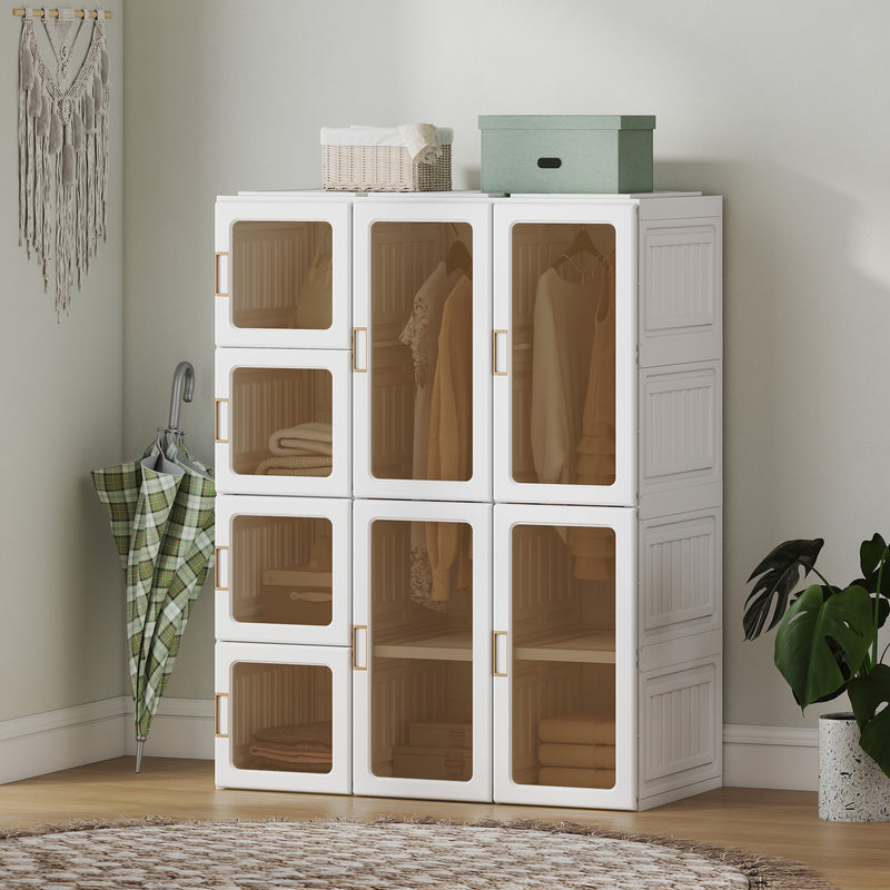 Portable Wardrobe with Clear Door Windows, 8 Compartments, 2 Hanging Rods, and Magnetic Doors - White