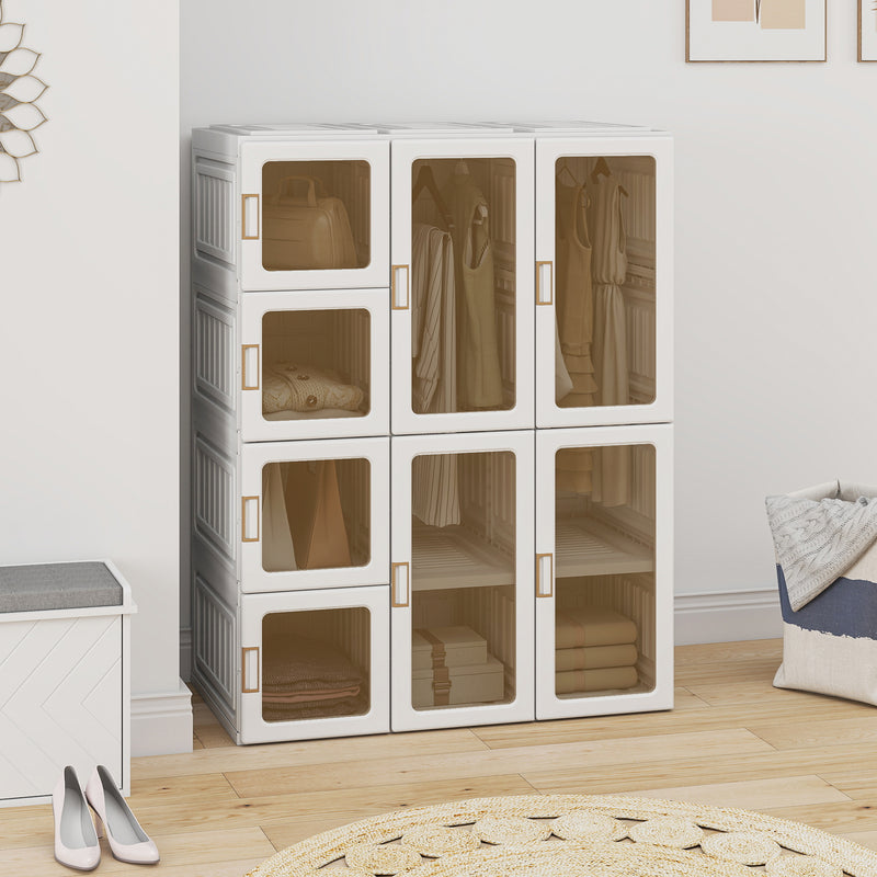 Portable Wardrobe with Clear Door Windows, 8 Compartments, 2 Hanging Rods, and Magnetic Doors - White