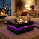 Woman sitting on a couch in a modern living room with a coffee table featuring LED lighting.