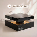 Black two-tiered platform with measurements and weight capacity on a beige background