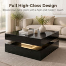 Modern living room with a black high-gloss coffee table and beige sofa.