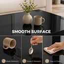 Black countertop with a vase and mug, showing water-resistant, scratch-resistant, and easy-to-clean properties.