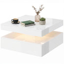 Glossy white coffee table with a cup, book, and decorative items on a white background