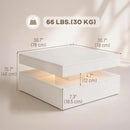 White coffee table with dimensions and weight capacity on a beige background