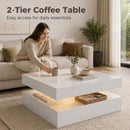 Woman sitting on a couch next to a 2-tier coffee table in a living room.