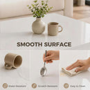 Collage of a smooth surface with a vase, mug, and cleaning actions, labeled 'Smooth Surface' with water-resistant, scratch-resistant, and easy-to-clean features.