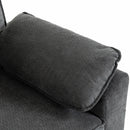 Close-up of a dark gray textured fabric armchair cushion and matching upholstered armrest on a white background.