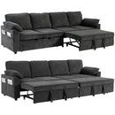 A dark gray fabric sleeper sofa shown in two views: one fully assembled and one with the chaise and side section pulled out into a bed. The sofa has a textured, velvety fabric and is photographed on a plain white background.
