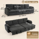 Dark gray fabric sectional sofa shown in two views with overlaid dimensions: a standard three-seat view at top and an extended chaise view at bottom. The image includes size measurements in inches and centimeters, a weight callout of 990 lbs (450 kg), and a delivery note indicating three cartons.