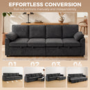 Dark gray fabric sectional sofa with a manual pull-out section feature, shown in a styled living room setting with a large main view and four smaller step-by-step inset images at the bottom illustrating the pull-out mechanism.