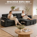 A dark gray sectional sofa bed in a bright living room, shown with two women lounging on it and reading. White text at the top reads 'SPACIOUS SOFA BED' with smaller supporting text below.