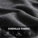 Close-up of dark gray chenille fabric with a soft, ribbed texture and draped folds, with a text overlay reading 'CHENILLE FABRIC' and small feature icons for delicate texture, skin-friendly, and soft.