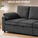 A dark gray textured fabric sofa with a matching throw pillow, shown in a bright living room setting with the text 'SOLID AND STABLE' at the top.
