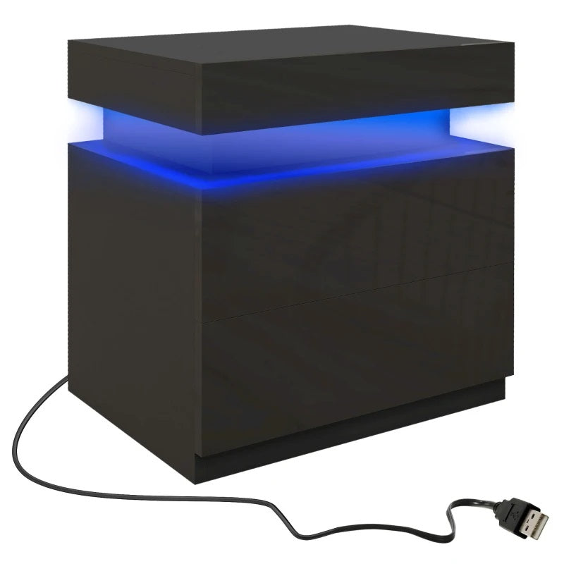 Reno Black 2 Drawer End Table with LED Lights