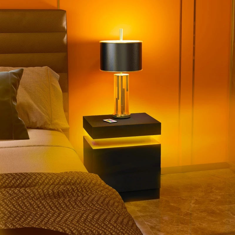 Reno Black 2 Drawer End Table with LED Lights