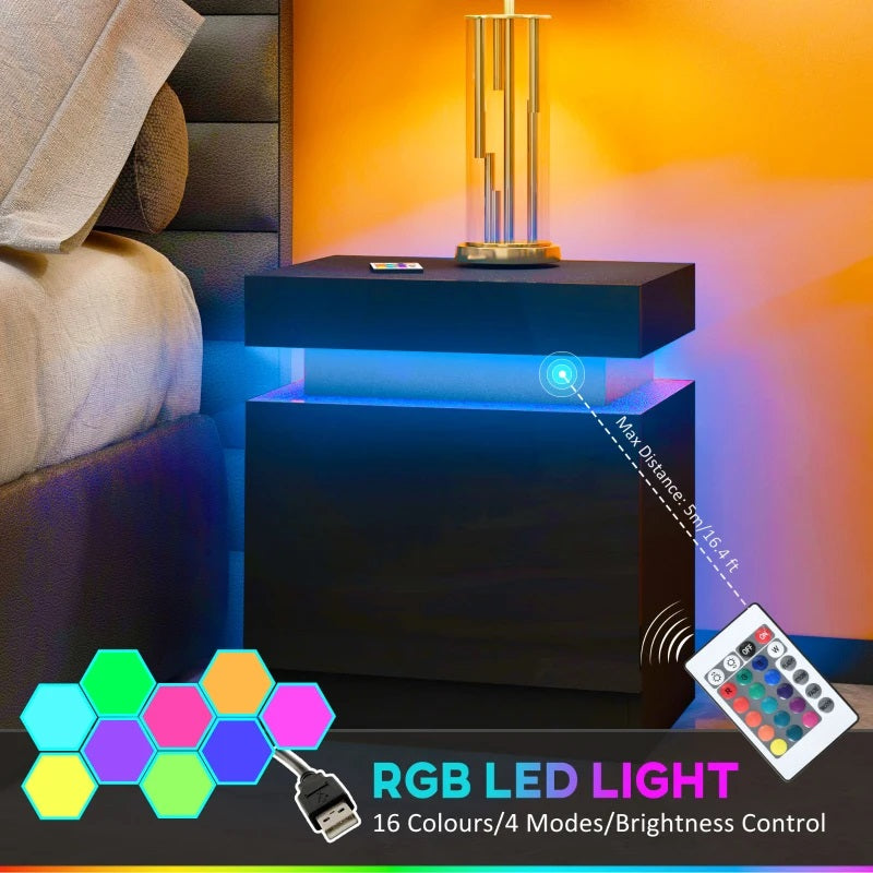 Reno Black 2 Drawer End Table with LED Lights