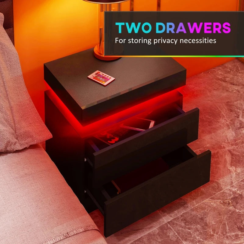 Reno Black 2 Drawer End Table with LED Lights