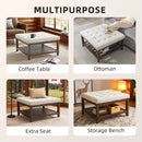 Multifunctional wooden ottoman with various uses including coffee table, storage bench, and extra seat.