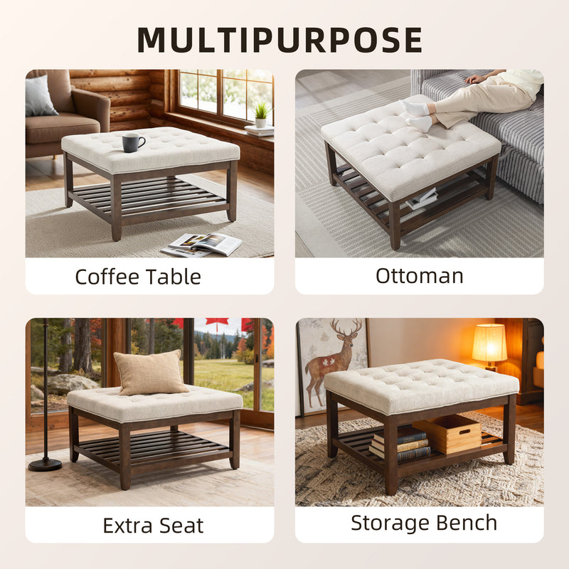 Multifunctional wooden ottoman with various uses including coffee table, storage bench, and extra seat.