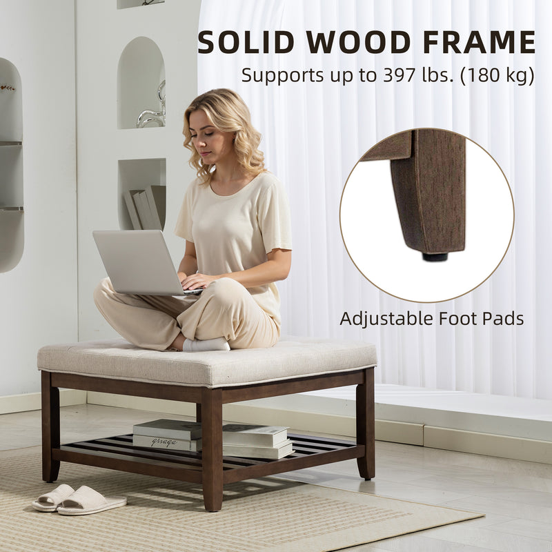 Woman using a laptop on a wooden bench ottoman table with text about solid wood frame and adjustable foot pads.