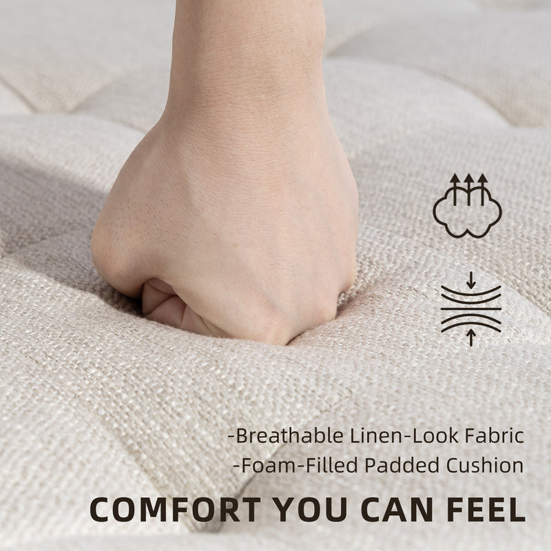 Hand pressing into a foam-filled padded cushion with text about breathable linen-look fabric.