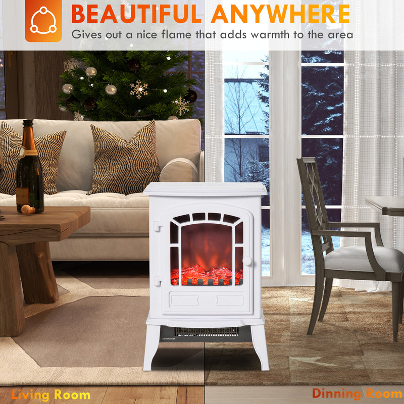 Retro Stove Electric Fireplace with 1500W Heater with Realistic Flame, White