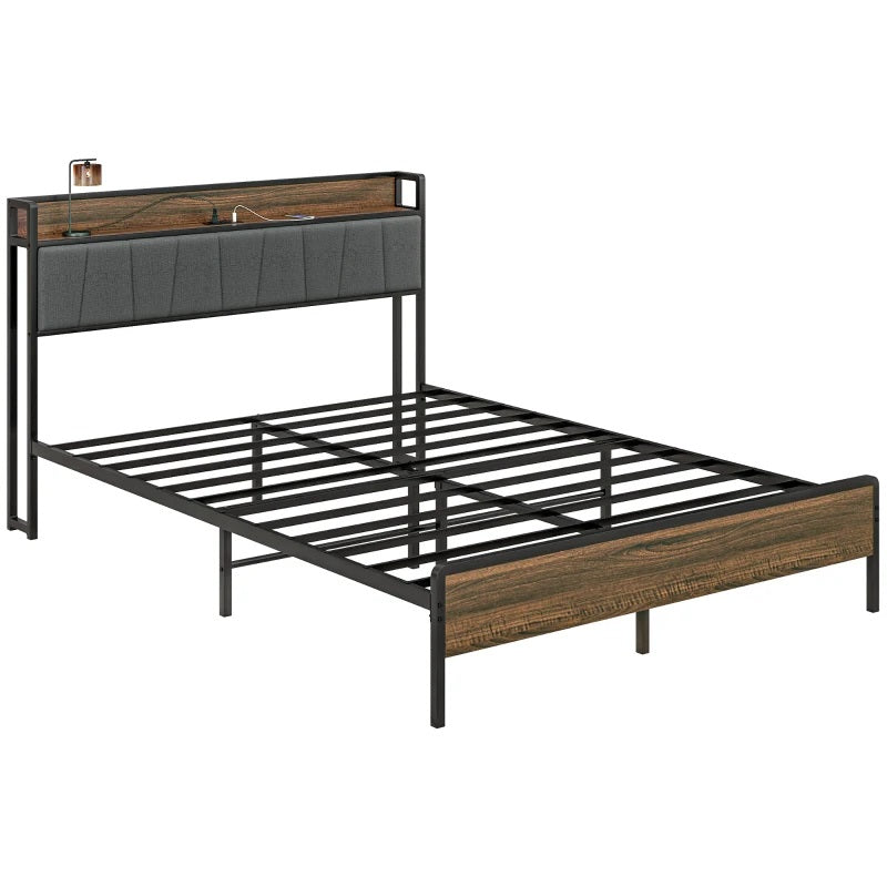 Rian Queen Size Platform Bed Frame with Headboard Shelf and Charging Station - Walnut Brown