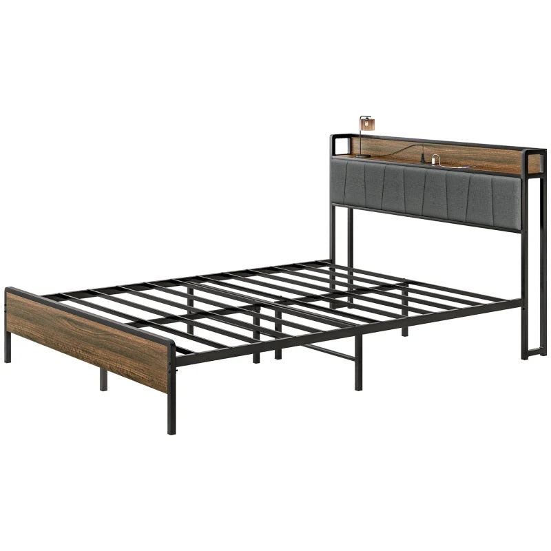 Rian Queen Size Platform Bed Frame with Headboard Shelf and Charging Station - Walnut Brown