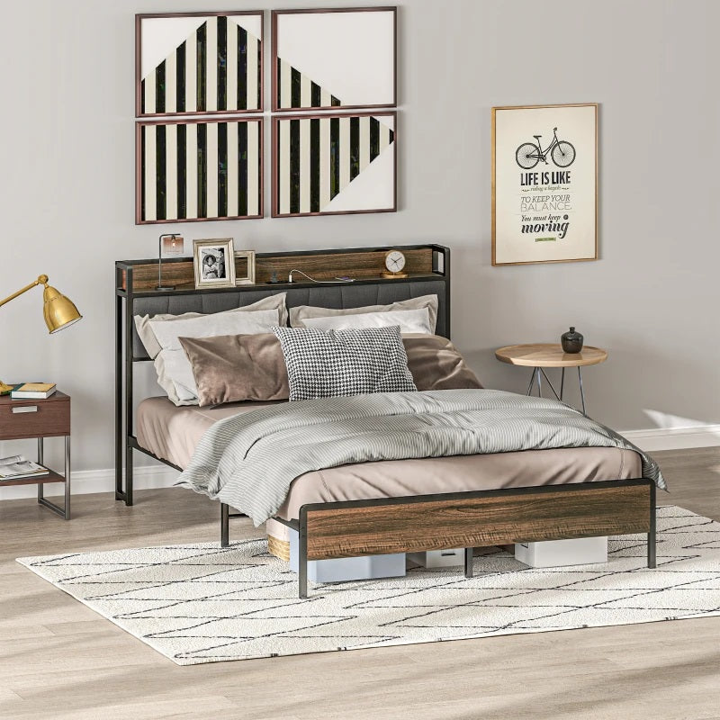 Rian Queen Size Platform Bed Frame with Headboard Shelf and Charging Station - Walnut Brown