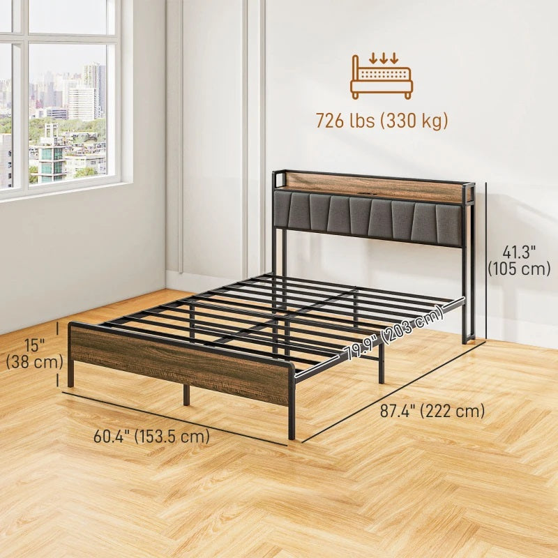 Rian Queen Size Platform Bed Frame with Headboard Shelf and Charging Station - Walnut Brown