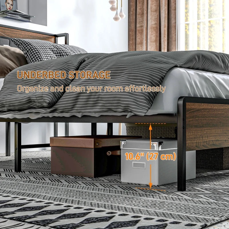 Rian Queen Size Platform Bed Frame with Headboard Shelf and Charging Station - Walnut Brown