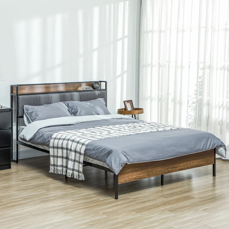 Rian Queen Size Platform Bed Frame with Headboard Shelf and Charging Station - Walnut Brown