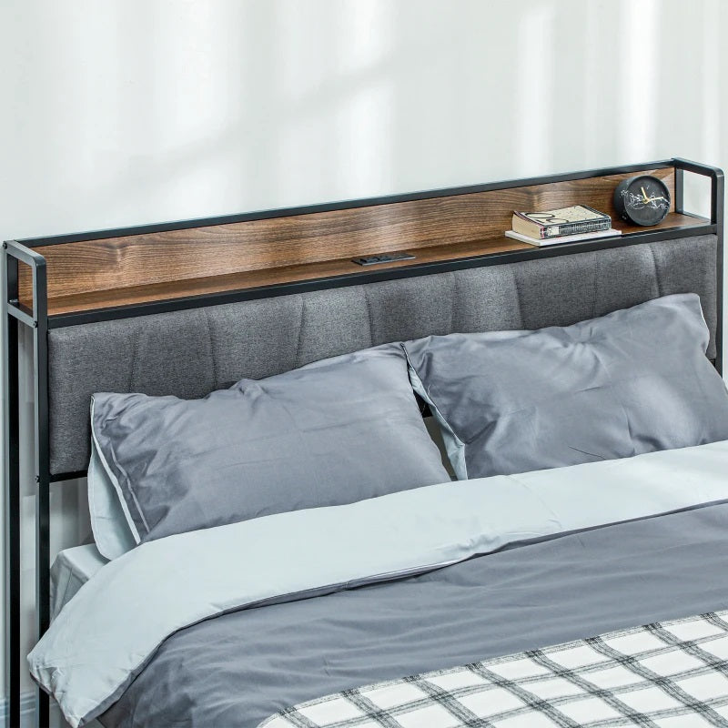 Rian Queen Size Platform Bed Frame with Headboard Shelf and Charging Station - Walnut Brown