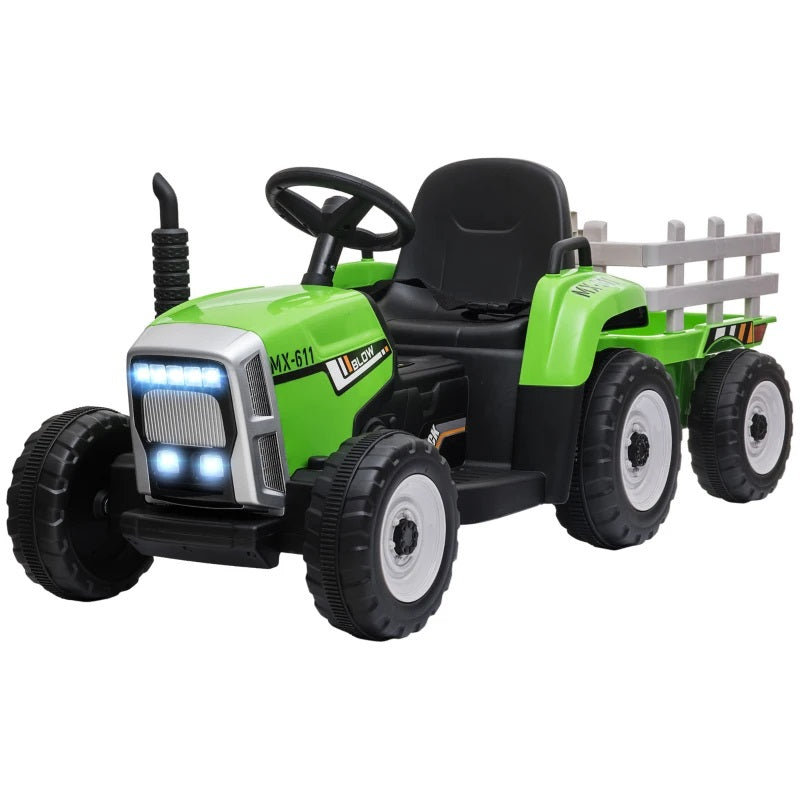 Ride-On 12V Tractor with Trailer for Kids with Remote Control, USB, LED Lights, Honking Horn, Single Seat - Green