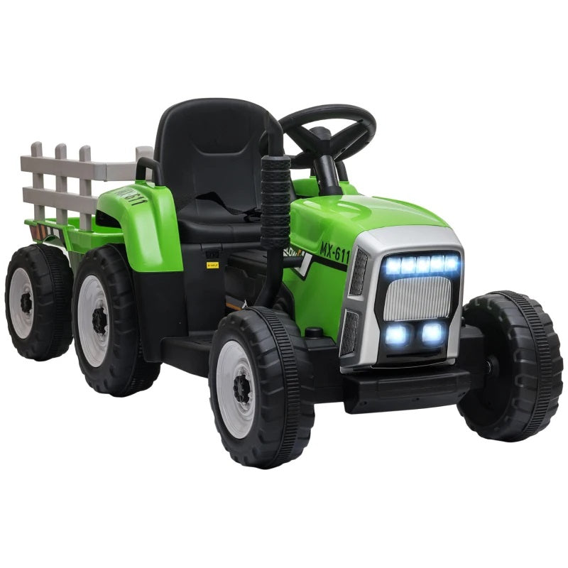 Ride-On 12V Tractor with Trailer for Kids with Remote Control, USB, LED Lights, Honking Horn, Single Seat - Green