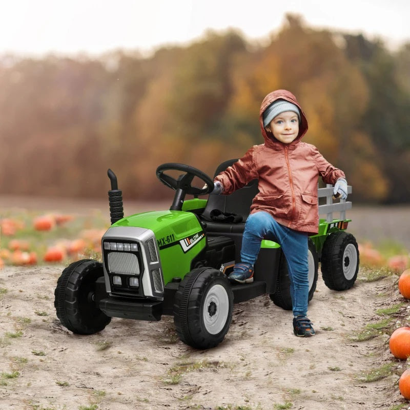 Ride-On 12V Tractor with Trailer for Kids with Remote Control, USB, LED Lights, Honking Horn, Single Seat - Green