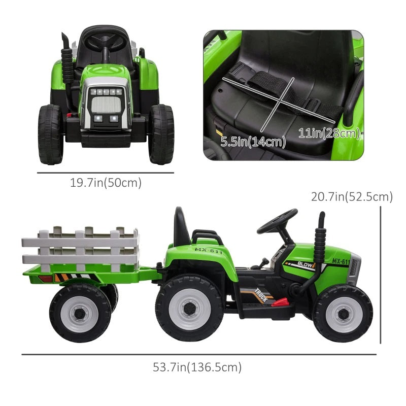 Ride-On 12V Tractor with Trailer for Kids with Remote Control, USB, LED Lights, Honking Horn, Single Seat - Green