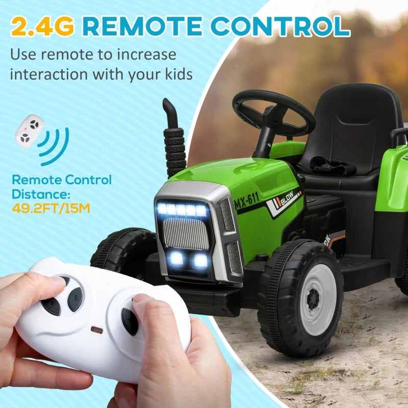 Ride-On 12V Tractor with Trailer for Kids with Remote Control, USB, LED Lights, Honking Horn, Single Seat - Green