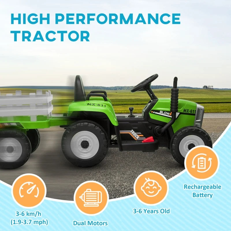 Ride-On 12V Tractor with Trailer for Kids with Remote Control, USB, LED Lights, Honking Horn, Single Seat - Green